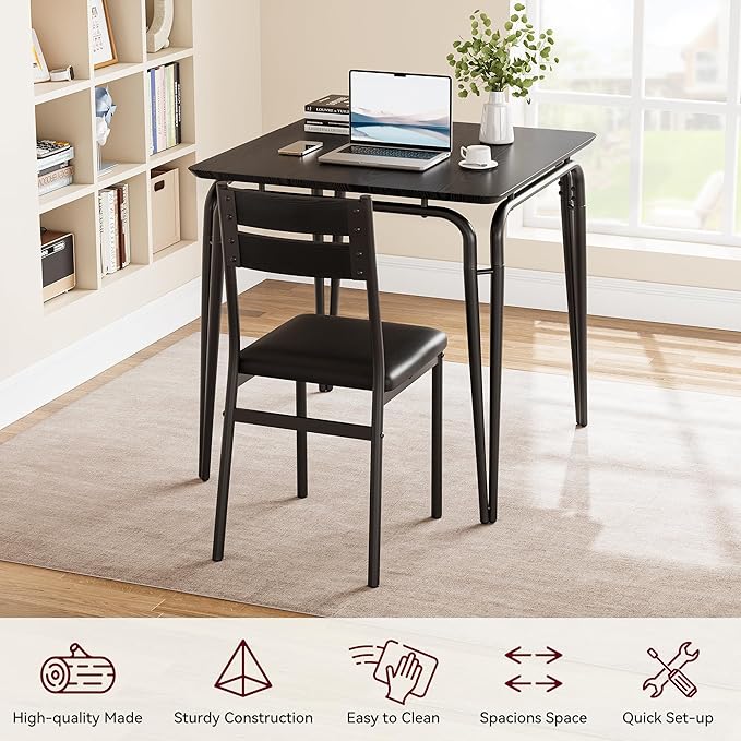 Dining Table for 2, Small Table and Chairs Set of 2, Square Dinette Set for 2, Dinner Table Set, 3 Piece Kitchen & Dining Room Sets for Small Space, Apartment (Black, Dining Table with 2 Chairs) - LeafyLoom