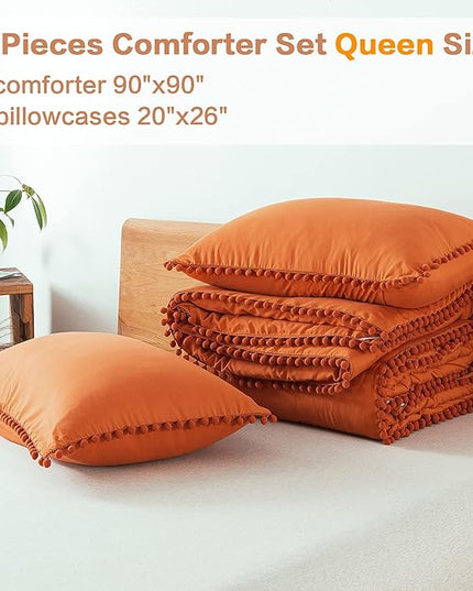 Litanika Queen Size Comforter Set Burnt Orange,3 Pieces Burnt Orange Boho Pom Pom Lightweight Bed Comforter, All Season Solid Color Bedding Comforter Sets (1 Comforter 90x90 Inch, 2 Pillowcases) - LeafyLoom