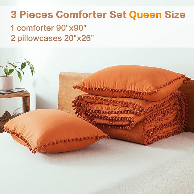 Litanika Queen Size Comforter Set Burnt Orange,3 Pieces Burnt Orange Boho Pom Pom Lightweight Bed Comforter, All Season Solid Color Bedding Comforter Sets (1 Comforter 90x90 Inch, 2 Pillowcases) - LeafyLoom