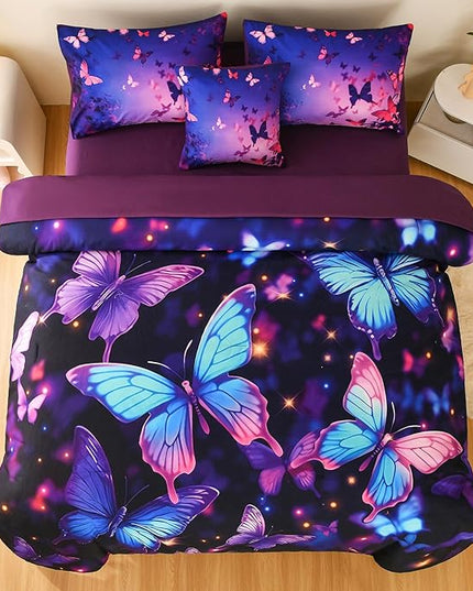 DORCAS Butterfly Comforter Sets for Girls,Twin Size Butterfly Bedding Sets Girls,6 Pieces Girls Bedding Sets Twin with Comforter Sheets for Teens Kids - LeafyLoom