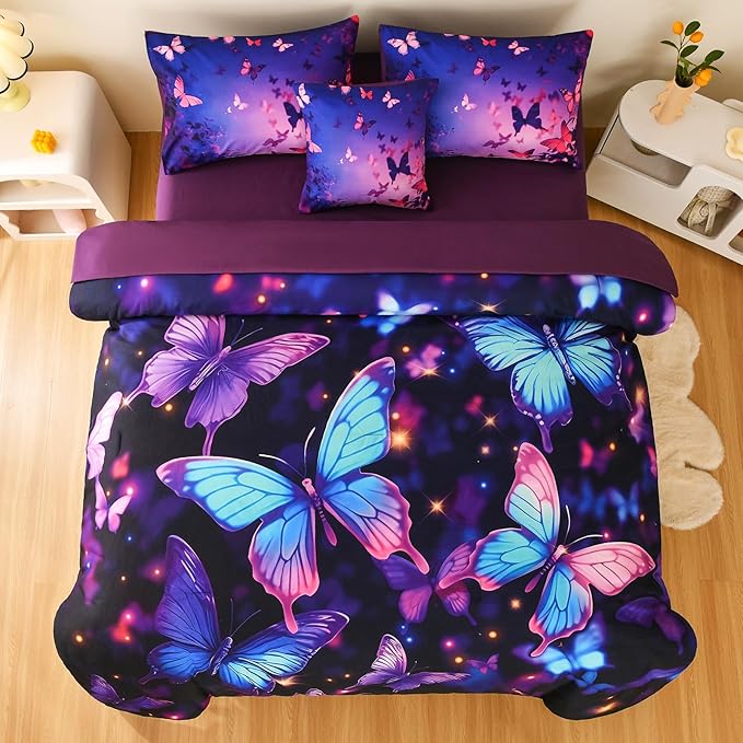 DORCAS Butterfly Comforter Sets for Girls,Twin Size Butterfly Bedding Sets Girls,6 Pieces Girls Bedding Sets Twin with Comforter Sheets for Teens Kids - LeafyLoom