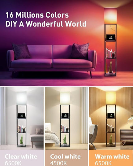 Evajoy Floor Lamp with Shelves, Smart RGB Floor Lamps Work with Alexa, with 2 USB Ports & 1 AC Output, Modern 4-Tier Lamp for Display Storage,Black - LeafyLoom