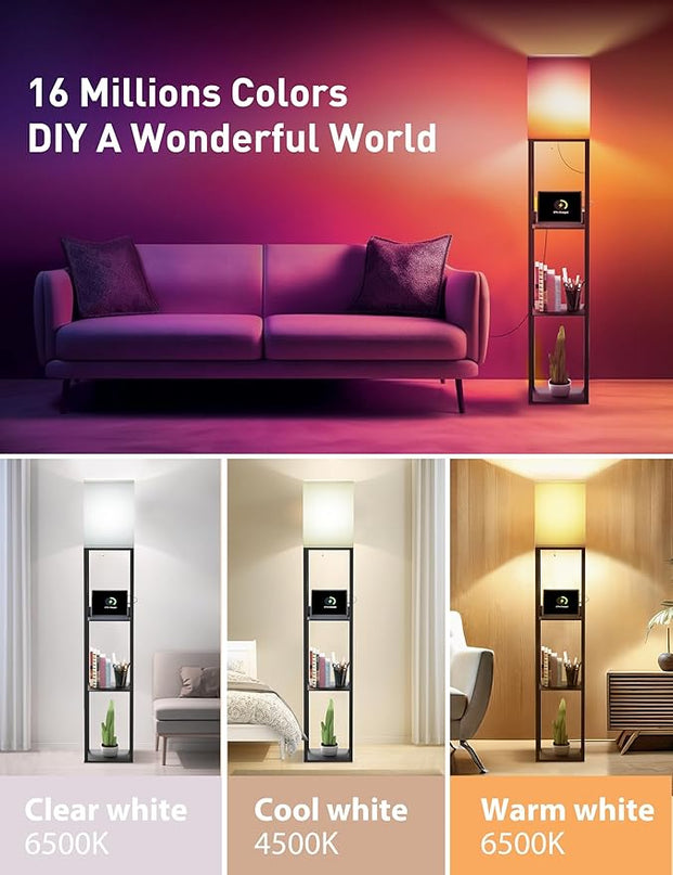 Evajoy Floor Lamp with Shelves, Smart RGB Floor Lamps Work with Alexa, with 2 USB Ports & 1 AC Output, Modern 4-Tier Lamp for Display Storage,Black - LeafyLoom