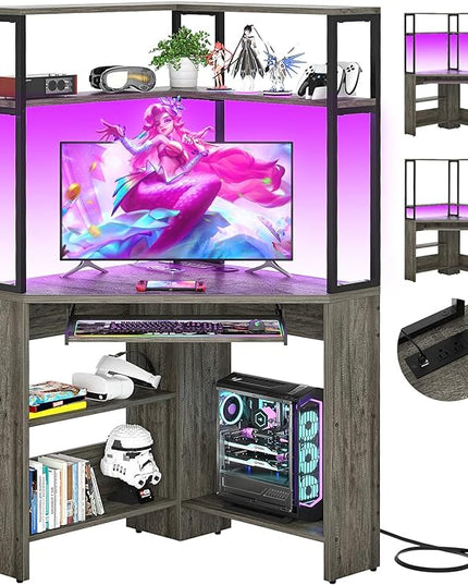 Cyclysio Small Corner Desk with Hutch, Heavy Duty Corner Computer Desk with Power Outlets & LED Light, Triangle Corner Gaming Desk with Keyboard Tray for Home Office, Small Space, Workstation Grey - LeafyLoom