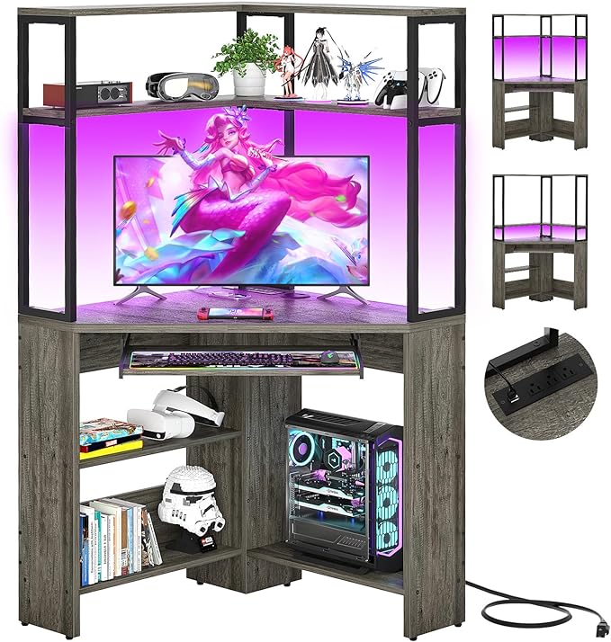 Cyclysio Small Corner Desk with Hutch, Heavy Duty Corner Computer Desk with Power Outlets & LED Light, Triangle Corner Gaming Desk with Keyboard Tray for Home Office, Small Space, Workstation Grey - LeafyLoom