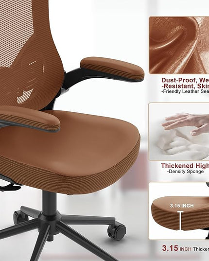 𝑯𝑶𝑴𝑬 𝑶𝑭𝑭𝑰𝑪𝑬 𝑪𝑯𝑨𝑰𝑹, Ergonomic Mesh Desk Chair, High Back Computer Chair- Adjustable Headrest with Flip-Up Arms, Lumbar Support, Swivel Executive Task Chair (Mummy Brown, Modern) - LeafyLoom