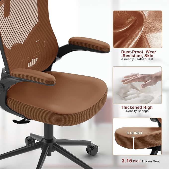 𝑯𝑶𝑴𝑬 𝑶𝑭𝑭𝑰𝑪𝑬 𝑪𝑯𝑨𝑰𝑹, Ergonomic Mesh Desk Chair, High Back Computer Chair- Adjustable Headrest with Flip-Up Arms, Lumbar Support, Swivel Executive Task Chair (Mummy Brown, Modern) - LeafyLoom