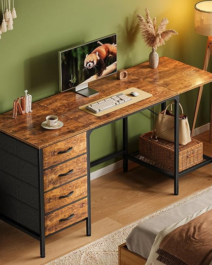 63 Inch Computer Desk with 4 Drawers, Office Desk with Mesh Shelf, Gaming Desk, Large Storage, Writing Desk Work Desk for Home Office, Study, Bedroom, Work from Home, Rustic Brown - LeafyLoom