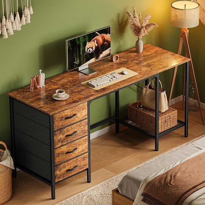 63 Inch Computer Desk with 4 Drawers, Office Desk with Mesh Shelf, Gaming Desk, Large Storage, Writing Desk Work Desk for Home Office, Study, Bedroom, Work from Home, Rustic Brown - LeafyLoom