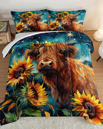 HOSIMA Highland Cow Comforter Set,Western Farmhouse Animals Cow and Sunflower Print Bedding Set 3Pcs with 2 Pillowcases,Galaxy Star Moon Comforter,Floral Comforter Twin Bed in a Bag. - LeafyLoom