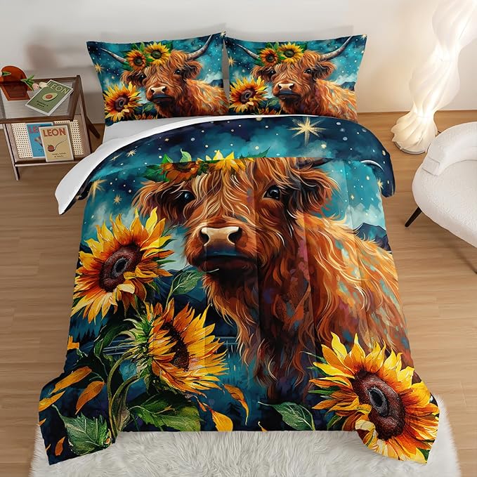 HOSIMA Highland Cow Comforter Set,Western Farmhouse Animals Cow and Sunflower Print Bedding Set 3Pcs with 2 Pillowcases,Galaxy Star Moon Comforter,Floral Comforter Twin Bed in a Bag. - LeafyLoom