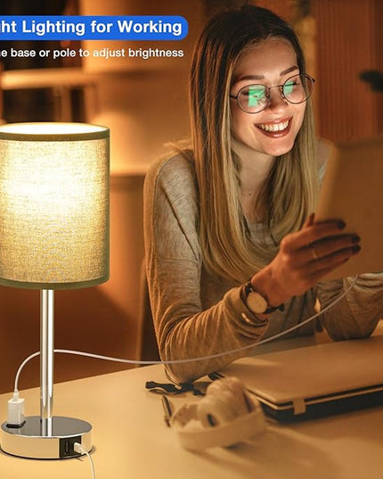 Innqoo Black Touch Bedside Lamps Set of 2-3 Way Dimmable Bedroom Lamps with USB C and A Ports and Outlets, Modern Nightstand Lamp with Silver Base, Small Table Lamps for Boy Nursery - LeafyLoom