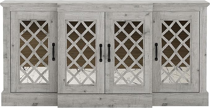 Galano Millicent Wide Sideboard Buffet Cabinet, Kitchen Storage Cabinet with Acrylic Mirror Doors, Cupboard Console Table, Rustic Farmhouse Buffet Display for Coffee Bar, Mexican Grey - LeafyLoom