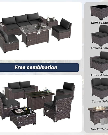 Patio Furniture Sectional Sofa Set 7-Pieces PE Rattan Patio Conversation Set w/43in Gas Fire Pit Table, Outdoor Furniture with 55000 BTU Propane Fire Pit, Black - LeafyLoom