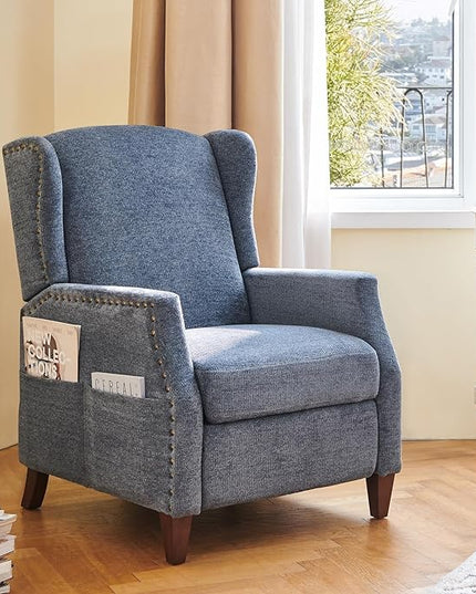COLAMY Wingback Pushback Recliner Storage Pocket Upholstered Fabric Living Room Chair Armchair, with Wood Legs and Nailhead Trim, Dark Blue - LeafyLoom