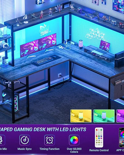 Aheaplus L Shaped Desk with Power Outlet, L Shaped Gaming Desk with Led Light & Hutch, Reversible Home Office Desk, Corner Computer Desk Writing Desk with Monitor Stand & Storage Shelves, Grey Oak - LeafyLoom