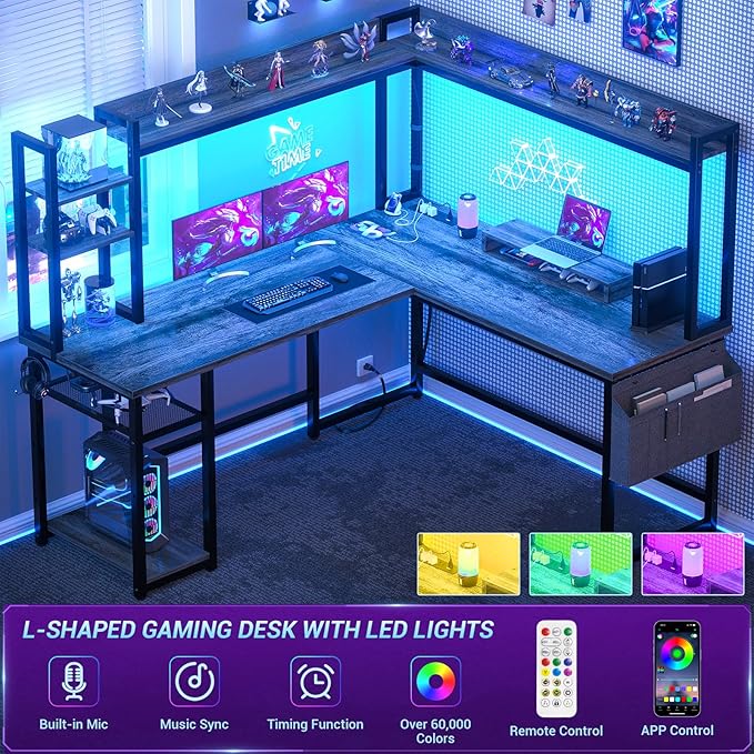 Aheaplus L Shaped Desk with Power Outlet, L Shaped Gaming Desk with Led Light & Hutch, Reversible Home Office Desk, Corner Computer Desk Writing Desk with Monitor Stand & Storage Shelves, Grey Oak - LeafyLoom