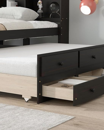 Platform Bed Twin Size with Bookcase Headboard, Trundle and 3 Drawers, Wooden Storage Bedframe for Kids Teens Adults Bedroom - LeafyLoom