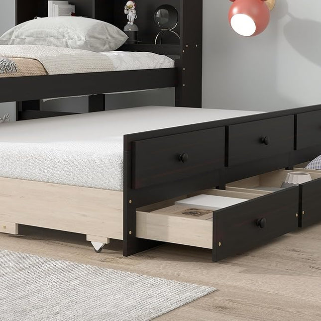 Platform Bed Twin Size with Bookcase Headboard, Trundle and 3 Drawers, Wooden Storage Bedframe for Kids Teens Adults Bedroom - LeafyLoom