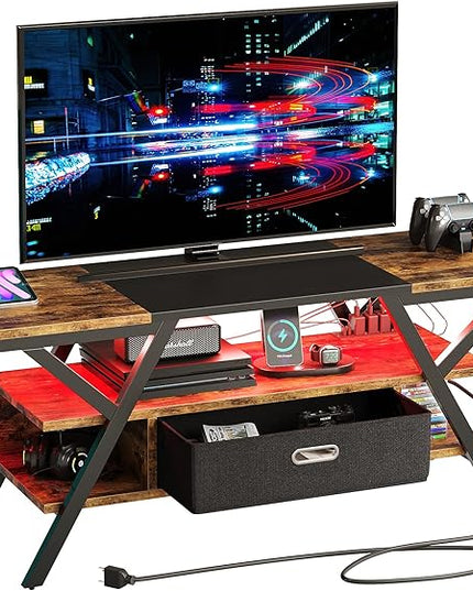 Bestier TV Stand for Living Room, LED Entertainment Center with Power Outlets, Farmhouse TV Stand 55 Inch for TV up to 65 Inch for bedroom, Gaming TV Console Table with Storage, Rustic Brown - LeafyLoom