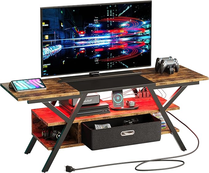 Bestier TV Stand for Living Room, LED Entertainment Center with Power Outlets, Farmhouse TV Stand 55 Inch for TV up to 65 Inch for bedroom, Gaming TV Console Table with Storage, Rustic Brown - LeafyLoom