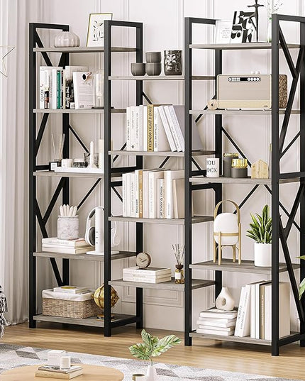 IDEALHOUSE Triple Wide 5 Tier Book Shelf, Tall Bookshelf with Open Display Shelves, Industrial Large Bookshelves and Bookcases with Metal Frame for Living Room, Bedroom, Home Office-Grey - LeafyLoom