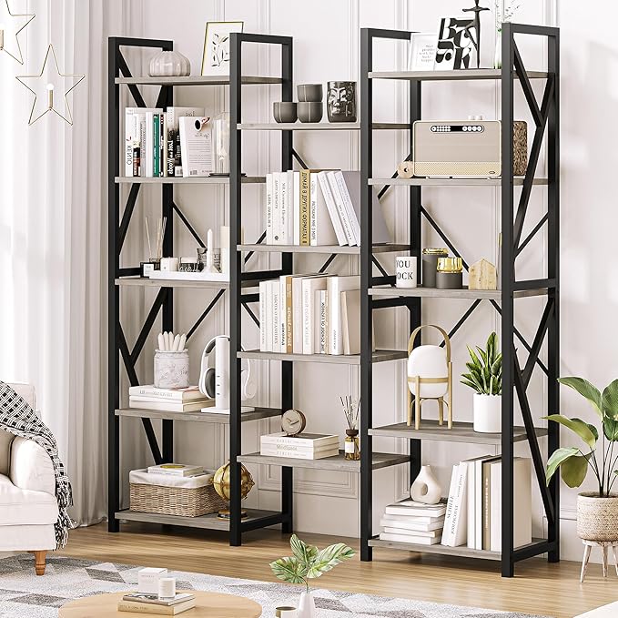 IDEALHOUSE Triple Wide 5 Tier Book Shelf, Tall Bookshelf with Open Display Shelves, Industrial Large Bookshelves and Bookcases with Metal Frame for Living Room, Bedroom, Home Office-Grey - LeafyLoom