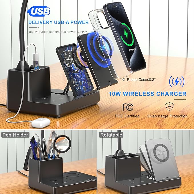comzler LED Desk Lamp with Wireless Charger,Small Desk Lamps with Pen Phone Holder, Black Desk Lamp for for Home Office,8W 3 Modes Dimmable Touch Lamp, Desktop Study Lamps for College Dorm Room - LeafyLoom