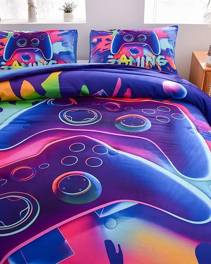 Aimuan Gaming Comforter Sets for Boys Kids Bedding Sets Video Games Console Action Buttons Novelty Colorful Game Gamepad Controller Modern Gamer Room Decor Home Quilt Set (Full, Purple) - LeafyLoom