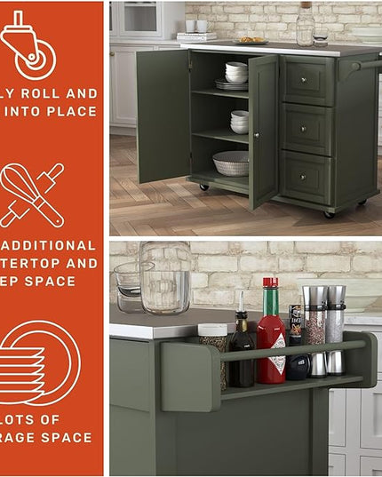 Homestyles Mobile Kitchen Island Cart with Stainless Steel Top, Sage Green - LeafyLoom