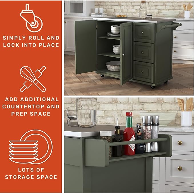 Homestyles Mobile Kitchen Island Cart with Stainless Steel Top, Sage Green - LeafyLoom
