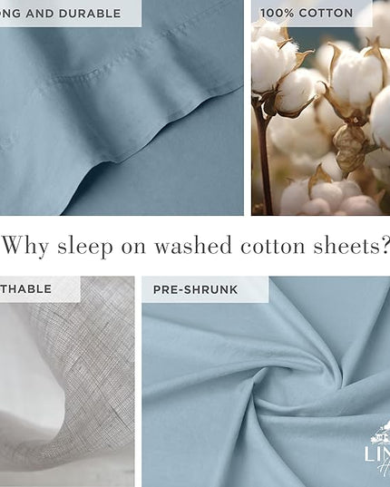 Linen Home Washed Cotton Percale King Sheet Set, Baby Blue, Deep Pocket, 4 Pieces Bed Sheets - 1 Flat Sheet, 1 Fitted Sheet & 2 Envelope Closure Pillowcases, Cool and Comfortable Bed Linen - LeafyLoom
