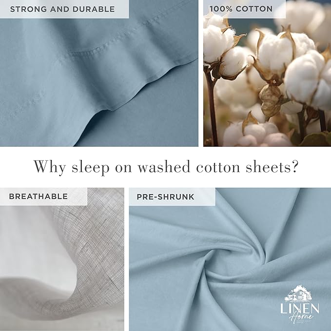 Linen Home Washed Cotton Percale King Sheet Set, Baby Blue, Deep Pocket, 4 Pieces Bed Sheets - 1 Flat Sheet, 1 Fitted Sheet & 2 Envelope Closure Pillowcases, Cool and Comfortable Bed Linen - LeafyLoom