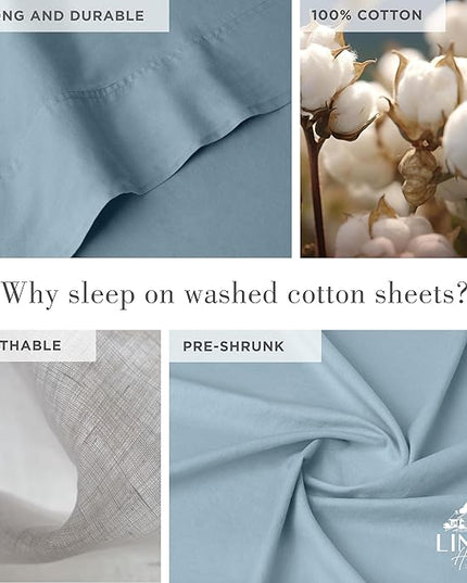 Linen Home Washed Cotton Percale Full Sheet Set, Baby Blue, Deep Pocket, 4 Pieces Bed Sheets - 1 Flat Sheet, 1 Fitted Sheet & 2 Envelope Closure Pillowcases, Vintage Wash, Cool Preshrunk Bedsheet - LeafyLoom
