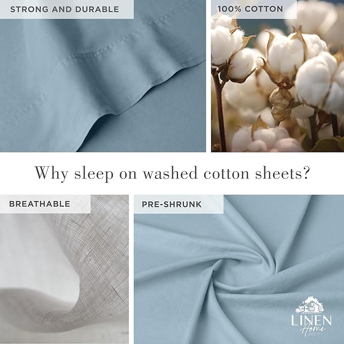 Linen Home Washed Cotton Percale Full Sheet Set, Baby Blue, Deep Pocket, 4 Pieces Bed Sheets - 1 Flat Sheet, 1 Fitted Sheet & 2 Envelope Closure Pillowcases, Vintage Wash, Cool Preshrunk Bedsheet - LeafyLoom