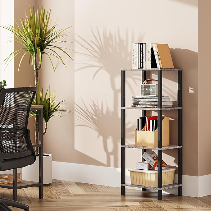 TUTOTAK Bookshelf, 4-Tier Tall Book Shelf, Narrow Bookcase for Small Space, DIY Stackable Bookshelf, for Living Room, Office, Study, Entryway, Industrial, Greige and Black BS01BG004 - LeafyLoom