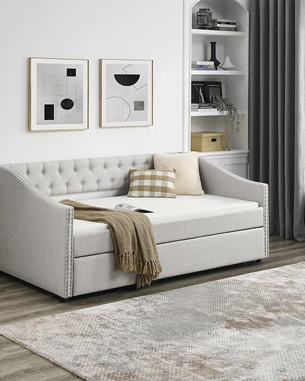 Twin Size Upholstered Daybed with Trundle, Wooden Sofa Bed w/Button Tufted Backrest and Waved Shape Arms, Space-Saving Design, No Box Spring Needed, for Living Room, Bedroom, Dorm, Beige - LeafyLoom