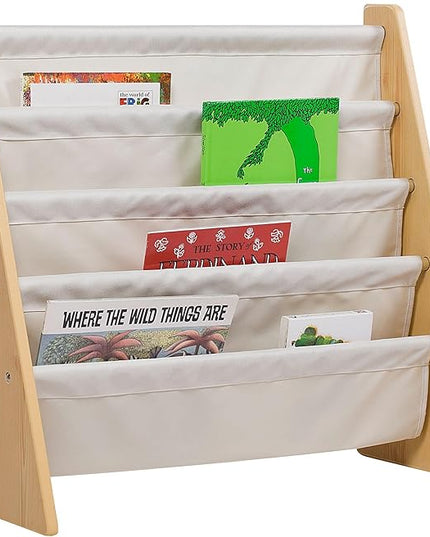 Wildkin Kids Canvas Sling Bookshelf for Boys and Girls, Wooden Design Features Four Fabric Shelves, Keep Bedrooms, Playrooms, and Classrooms Organized, Measures 25 x 24 x 11 Inches (Natural w/ Tan) - LeafyLoom