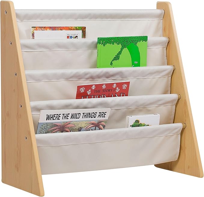 Wildkin Kids Canvas Sling Bookshelf for Boys and Girls, Wooden Design Features Four Fabric Shelves, Keep Bedrooms, Playrooms, and Classrooms Organized, Measures 25 x 24 x 11 Inches (Natural w/ Tan) - LeafyLoom