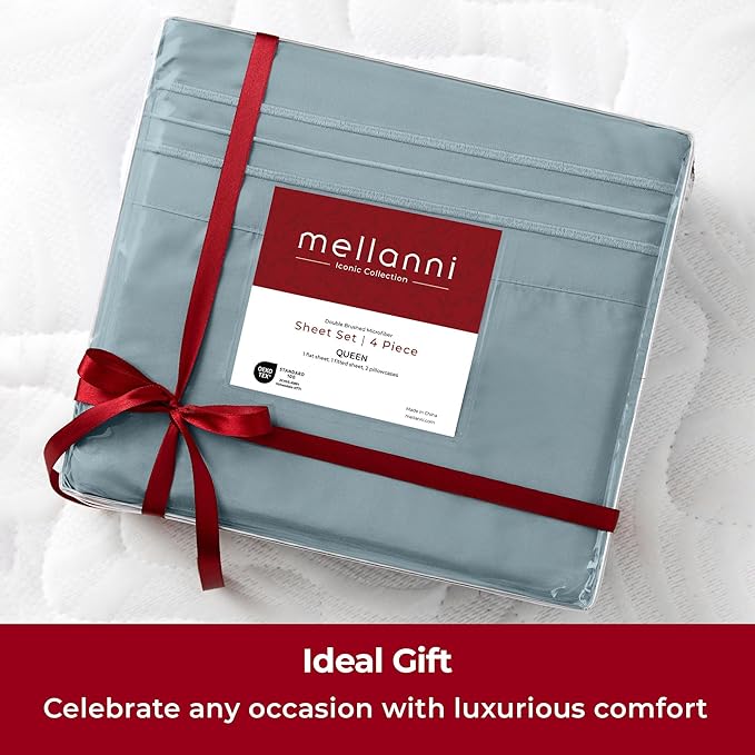Mellanni Full Sheets Set - 4 PC Iconic Collection Bedding Sheets & Pillowcases - Hotel Luxury, Extra Soft, Cooling Bed Sheets - Deep Pocket up to 16 inch (Full, Spa Blue) - LeafyLoom