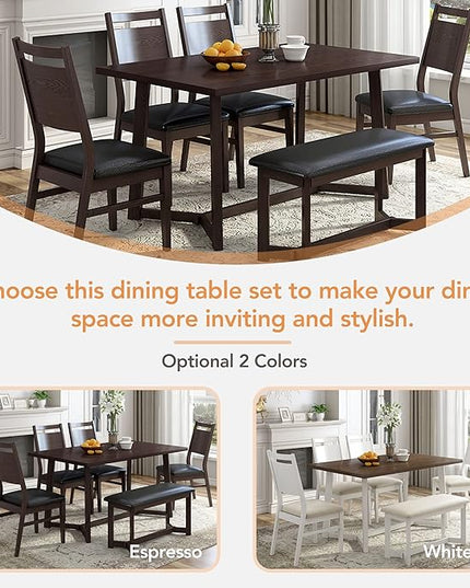 Farmhouse Style 4 Upholstered Chairs and Bench, Sturdy Wood, Easy Assembly & Clean, Room, Kitchen, Dark Brown, 6 Piece Dining Table Set - LeafyLoom