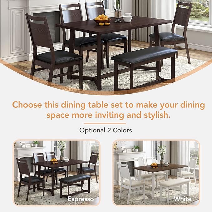 6-Piece Wood Dining Table Set with 4 PU Upholstered Chairs and Bench, Large Tabletop, for Kitchen Living Room, Farmhouse Style, Dark Brown, 59" L x 35.4" W x 30" H - LeafyLoom