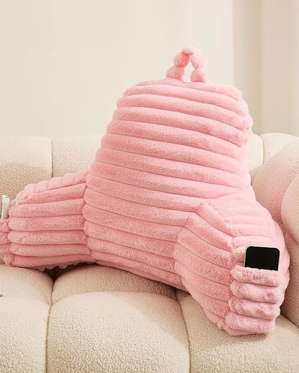 WERDIM Reading Pillow for Sitting in Bed, Faux Fur Back Pillow for Bed Rest, Bed Chair Pillow with Arms and Pockets(Standard, Pink) - LeafyLoom