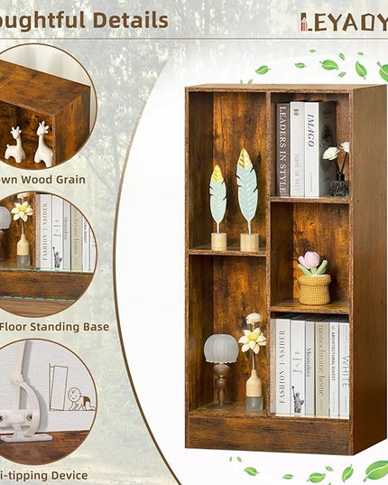 LEYAOYAO 5 Cube Mid-Century Modern Brown Wood Bookcase, 3 Tier Storage Organizer Shelf, Rustic Display Cabinet for Bedroom, Living Room, Office - LeafyLoom