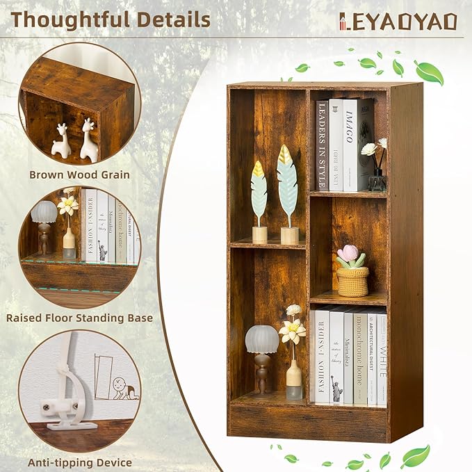 LEYAOYAO 5 Cube Mid-Century Modern Brown Wood Bookcase, 3 Tier Storage Organizer Shelf, Rustic Display Cabinet for Bedroom, Living Room, Office - LeafyLoom
