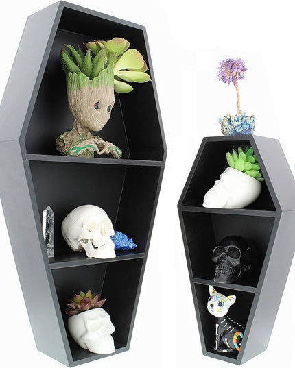 MANNY'S MYSTERIOUS ODDITIES Coffin Bookshelf - Includes Removable Shelves - Small and Large Coffin Shelf 20 Inch and 14 Inch - Gothic Decor for Home - LeafyLoom