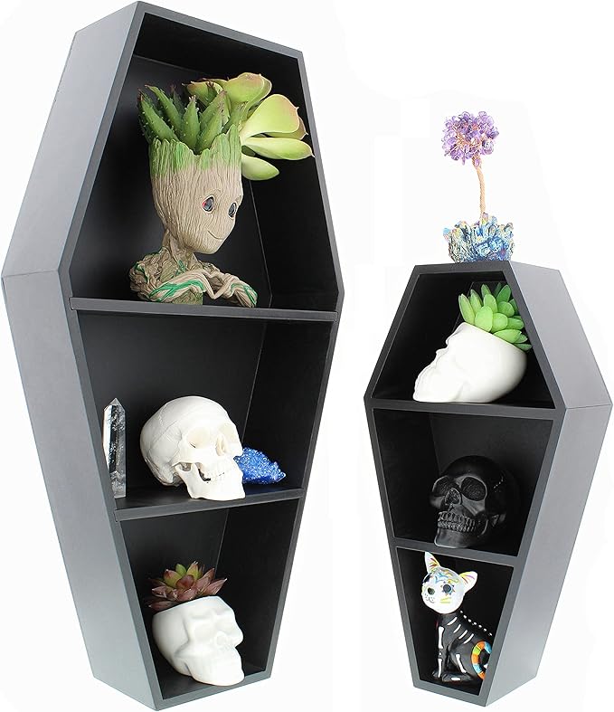 MANNY'S MYSTERIOUS ODDITIES Coffin Bookshelf - Includes Removable Shelves - Small and Large Coffin Shelf 20 Inch and 14 Inch - Gothic Decor for Home - LeafyLoom