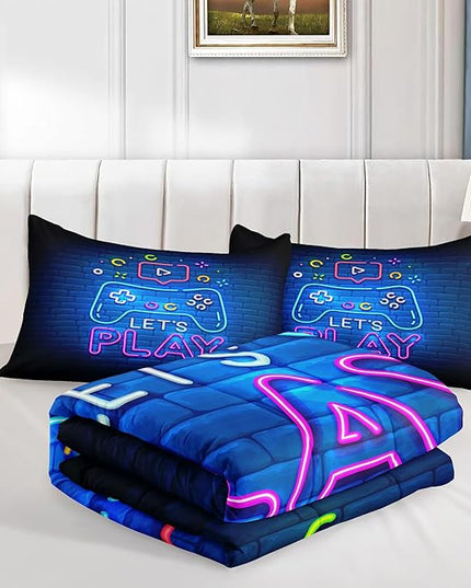 6 PCS Gamer Queen Comforter Sets,Queen Bedding Sets for Boys,Gaming Comforter Set,Queen Size Bedding Sets for Boys,Bed in A Bag with Sheets(Queen,Blue Color) - LeafyLoom