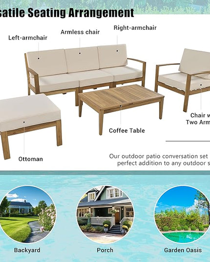 Merax 6-Piece Outdoor Sectional Conversation Sofa Seat Cushions Acacia Wood Frame Furniture Sets with Coffee Table and Ottoman for Garden Backyard Patio and Poolside, Beige - LeafyLoom