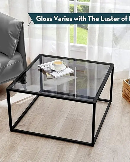 SAYGOER Glass Coffee Table, Small Modern Coffee Table Square Simple Center Tables for Living Room 26.7 x 26.7 x 15.7 Inches, Gray Black - LeafyLoom